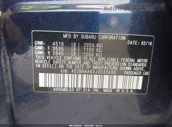 4S3BNAA63J3033495 2018 SUBARU LEGACY Blue Vista del compartimento del motor