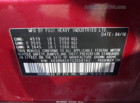 4S3BNAC61G3058143 2016 SUBARU LEGACY Красный Вид подкапотного пространства