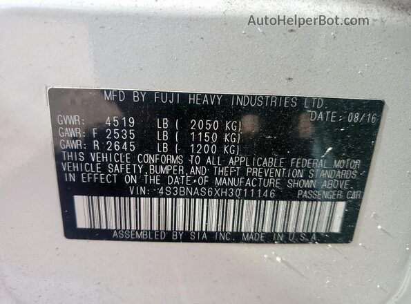 4S3BNAS6XH3011146 2017 SUBARU LEGACY Белый Вид наклейки с VIN-кодом