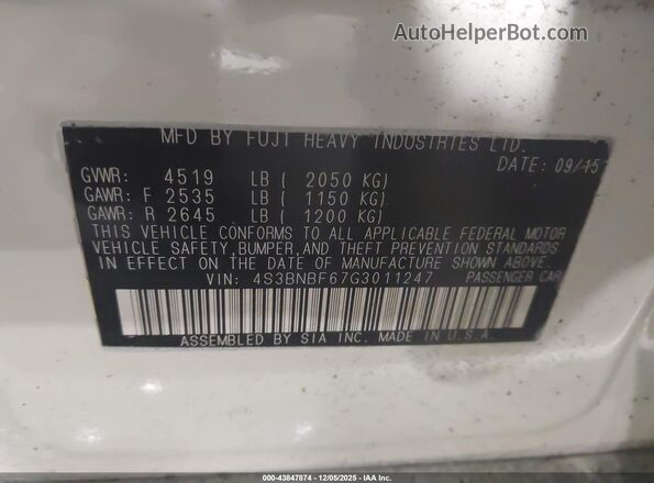 4S3BNBF67G3011247 2016 SUBARU LEGACY White Շարժիչի բաժամունքի տեսք