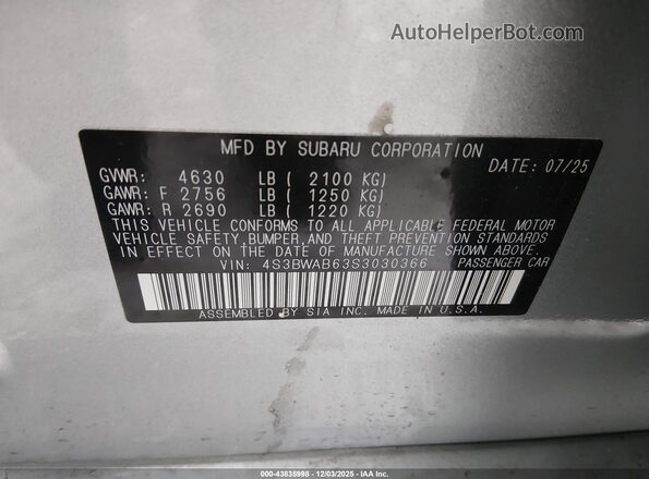 4S3BWAB63S3030366 2025 SUBARU LEGACY Silver Вид підкапотного простору