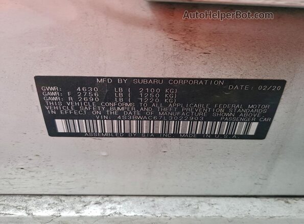 4S3BWAC67L3022903 2020 SUBARU LEGACY White ძრავის განყოფილების ხედი