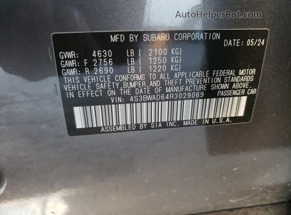 4S3BWAD64R3029069 2024 SUBARU LEGACY Gray VIN sticker view