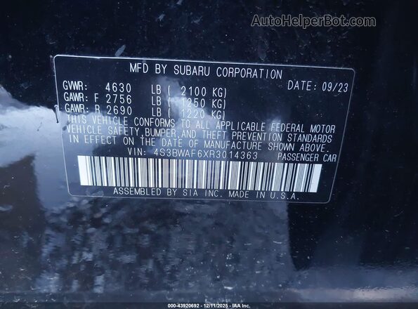 4S3BWAF6XR3014363 2024 SUBARU LEGACY Черный Вид подкапотного пространства