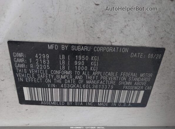 4S3GKAL60L3613379 2020 SUBARU IMPREZA Белый Вид подкапотного пространства
