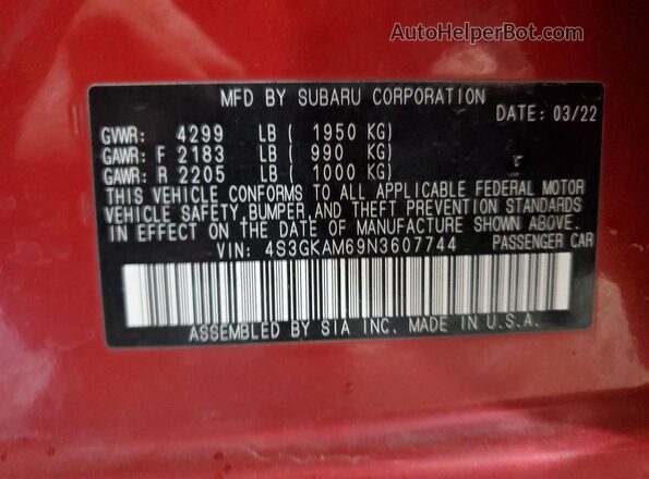 4S3GKAM69N3607744 2022 SUBARU IMPREZA Red Widok naklejki z numerem VIN