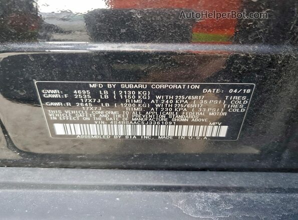 4S4BSAAC5J3361091 2018 SUBARU OUTBACK Черный Вид наклейки с VIN-кодом