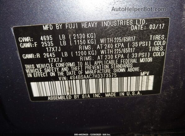 4S4BSAAC7H3373575 2017 SUBARU OUTBACK Синий Вид подкапотного пространства