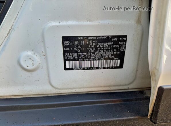 4S4BSABC5K3319777 2019 SUBARU OUTBACK Белый Вид задней части салона