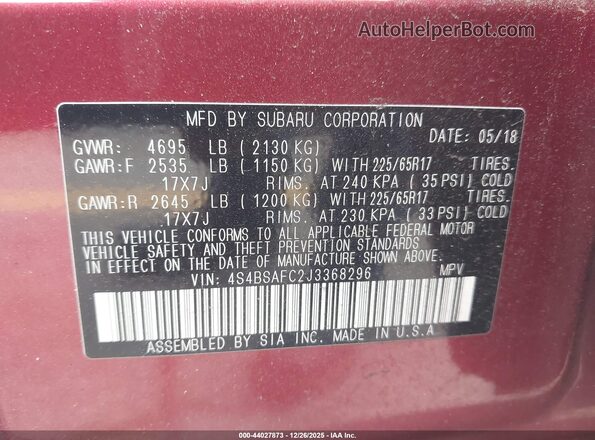 4S4BSAFC2J3368296 2018 SUBARU OUTBACK Красный Вид подкапотного пространства