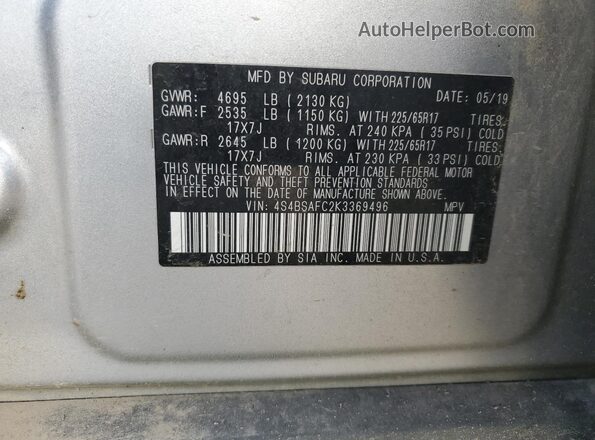 4S4BSAFC2K3369496 2019 SUBARU OUTBACK Серебряный Вид наклейки с VIN-кодом