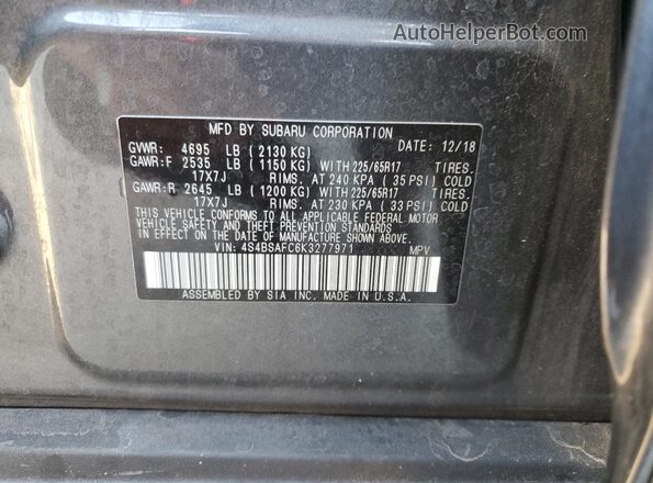4S4BSAFC6K3277971 2019 SUBARU OUTBACK Серый Вид подкапотного пространства