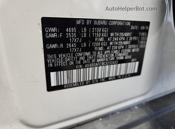 4S4BSAFC9K3233432 2019 SUBARU OUTBACK White Вид наклейки з VIN-кодом