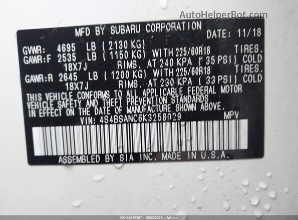 4S4BSANC6K3258029 2019 SUBARU OUTBACK Белый Вид подкапотного пространства