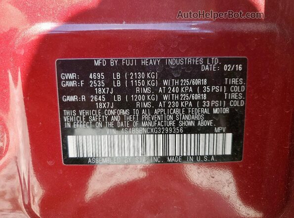 4S4BSBNCXG3299356 2016 SUBARU OUTBACK Темно-бордовый Панорамный вид салона 360°