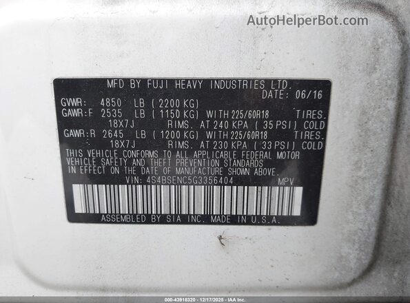 4S4BSENC5G3356404 2016 SUBARU OUTBACK White Widok komory silnika