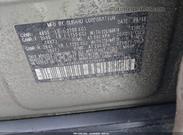4S4BSENC7K3204956 2019 SUBARU OUTBACK Серый Вид подкапотного пространства