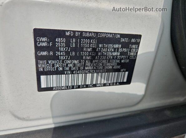 4S4BSENC7K3383872 2019 SUBARU OUTBACK Белый Панорамный вид салона 360°