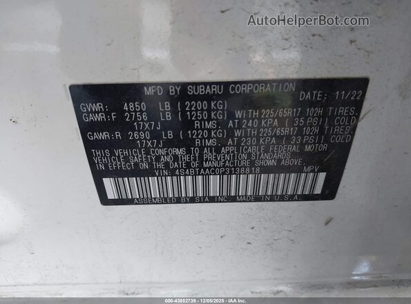 4S4BTAAC0P3138818 2023 SUBARU OUTBACK White Вид підкапотного простору