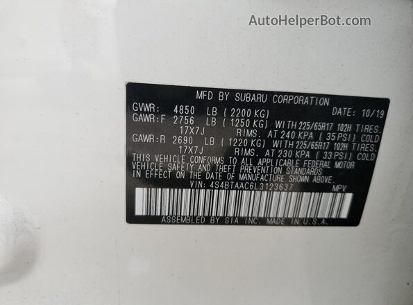 4S4BTAAC6L3123637 2020 SUBARU OUTBACK Белый Панорамный вид салона 360°