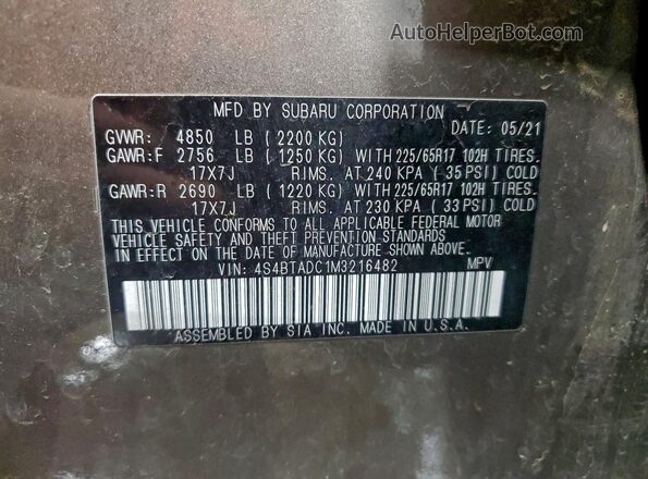 4S4BTADC1M3216482 2021 SUBARU OUTBACK Желто-коричневый Вид наклейки с VIN-кодом