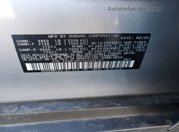 4S4BTADC3S3280181 2025 SUBARU OUTBACK Серебряный Вид наклейки с VIN-кодом