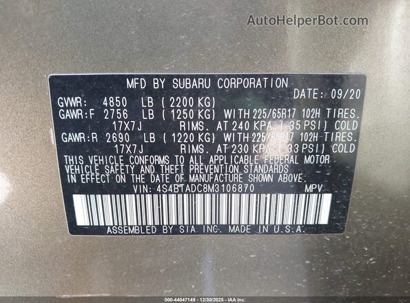 4S4BTADC8M3106870 2021 SUBARU OUTBACK Green Vista del compartimento del motor