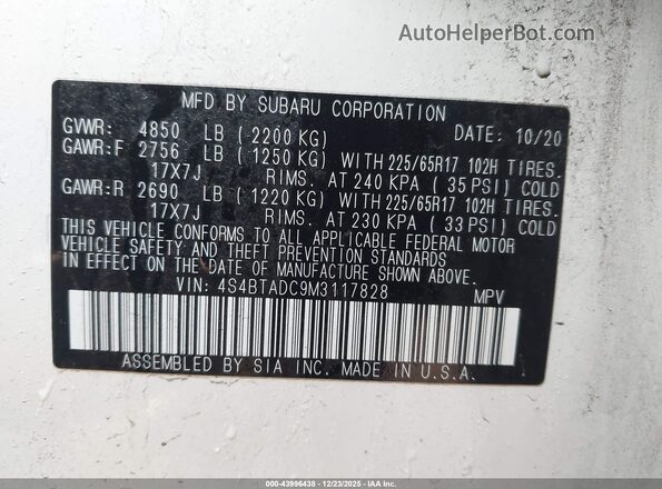 4S4BTADC9M3117828 2021 SUBARU OUTBACK White Widok komory silnika