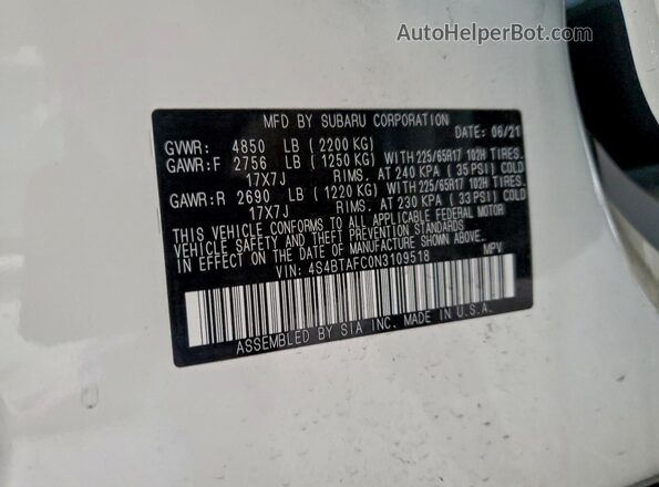 4S4BTAFC0N3109518 2022 SUBARU OUTBACK Белый Вид наклейки с VIN-кодом
