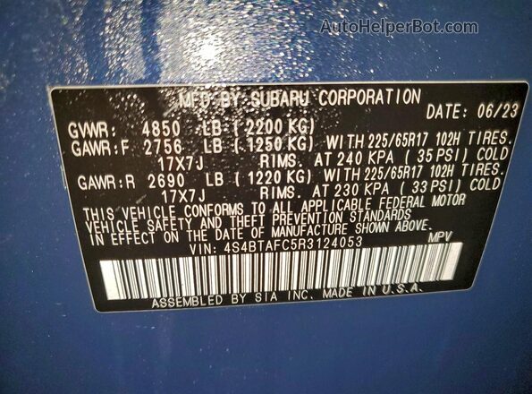 4S4BTAFC5R3124053 2024 SUBARU OUTBACK Синий Вид наклейки с VIN-кодом