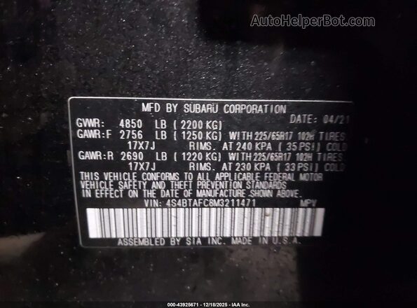 4S4BTAFC8M3211471 2021 SUBARU OUTBACK Черный Вид подкапотного пространства