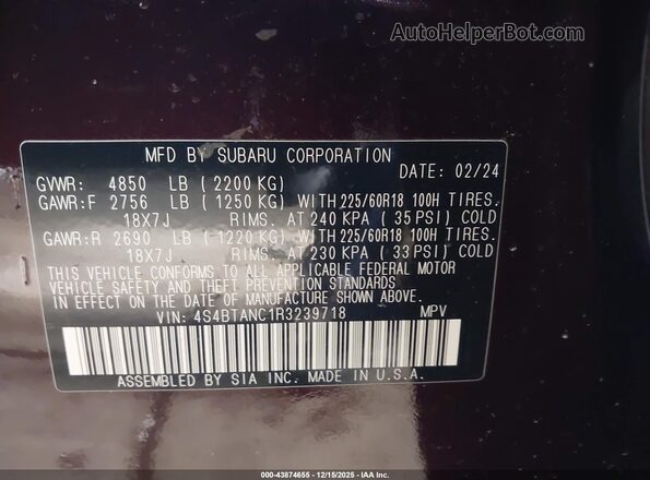 4S4BTANC1R3239718 2024 SUBARU OUTBACK Бордовый Вид подкапотного пространства