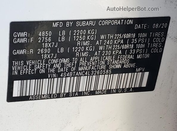 4S4BTANC4L3260585 2020 SUBARU OUTBACK Белый Панорамный вид салона 360°