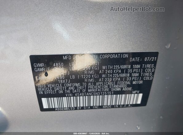 4S4BTANC5N3125151 2022 SUBARU OUTBACK Серебряный Вид подкапотного пространства