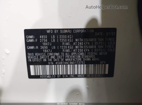 4S4BTANC9M3173752 2021 SUBARU OUTBACK Белый Вид подкапотного пространства