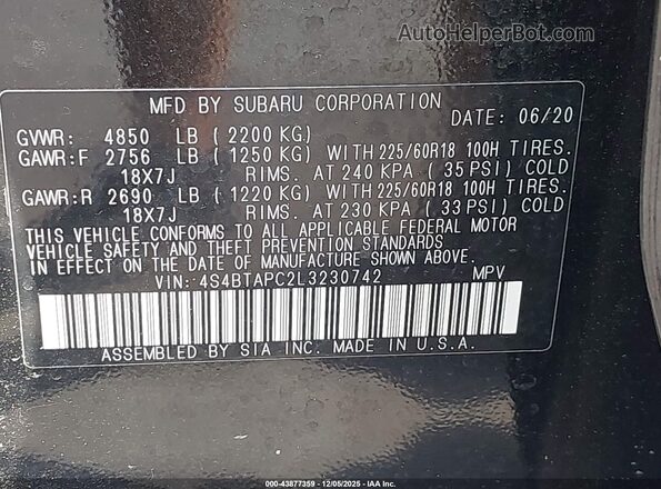4S4BTAPC2L3230742 2020 SUBARU OUTBACK Black Widok komory silnika
