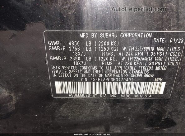4S4BTAPC3P3170492 2023 SUBARU OUTBACK Черный Вид подкапотного пространства