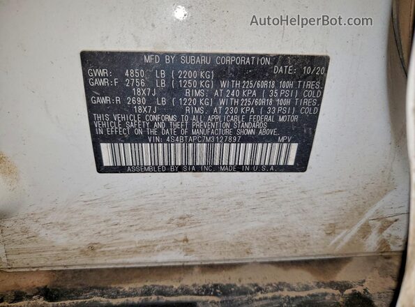 4S4BTAPC7M3127897 2021 SUBARU OUTBACK Белый Вид наклейки с VIN-кодом