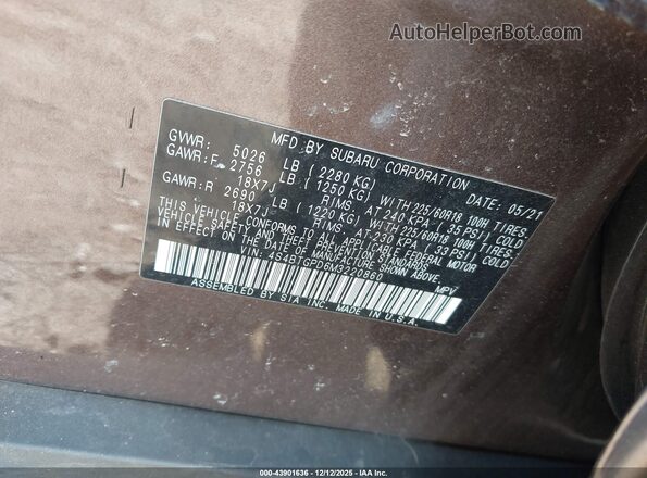 4S4BTGPD6M3220860 2021 SUBARU OUTBACK Коричневый Вид подкапотного пространства