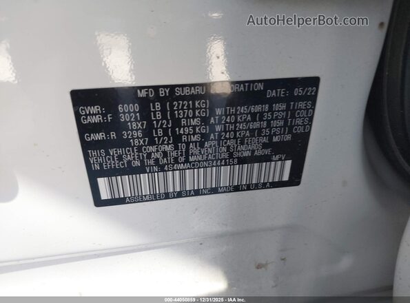 4S4WMACD0N3444158 2022 SUBARU ASCENT White Widok komory silnika