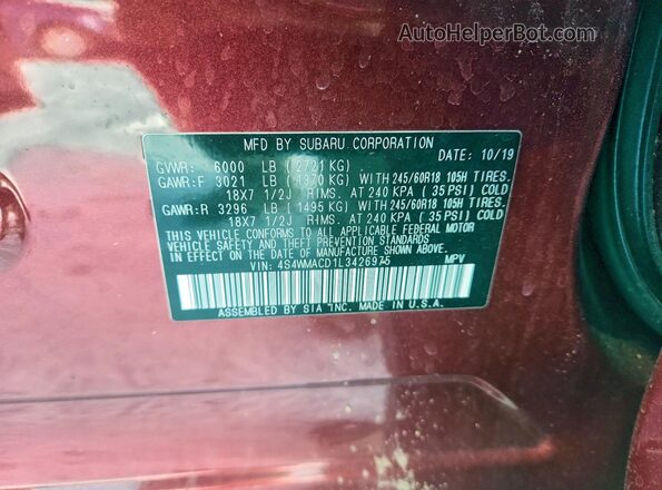 4S4WMACD1L3426975 2020 SUBARU ASCENT Красный Вид наклейки с VIN-кодом