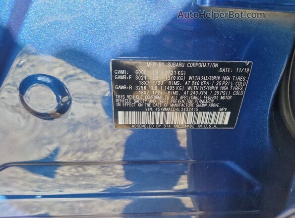 4S4WMACD4L3432415 2020 SUBARU ASCENT Синий Вид наклейки с VIN-кодом