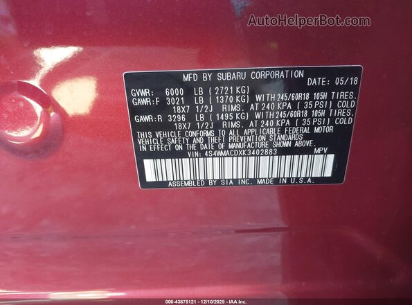 4S4WMACDXK3402883 2019 SUBARU ASCENT Red Widok komory silnika