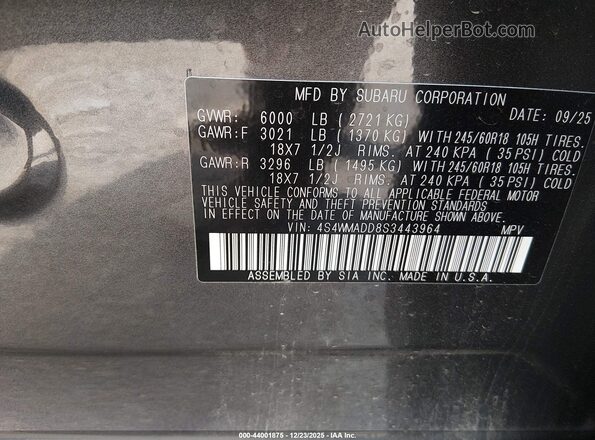 4S4WMADD8S3443964 2025 SUBARU ASCENT Серый Вид подкапотного пространства