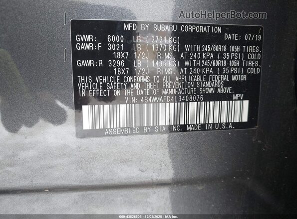 4S4WMAFD4L3408076 2020 SUBARU ASCENT Серый Вид подкапотного пространства