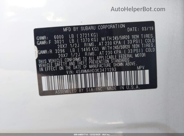 4S4WMAHD3K3471293 2019 SUBARU ASCENT Белый Вид подкапотного пространства