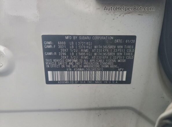 4S4WMALD0L3452970 2020 SUBARU ASCENT White Vista interior de 360 grados