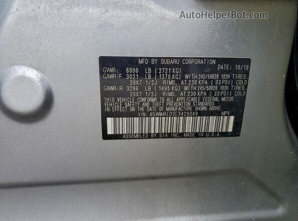 4S4WMALD2L3429349 2020 SUBARU ASCENT Синий Вид наклейки с VIN-кодом