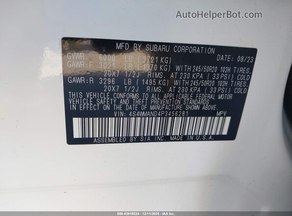4S4WMAND4P3456281 2023 SUBARU ASCENT White Widok komory silnika