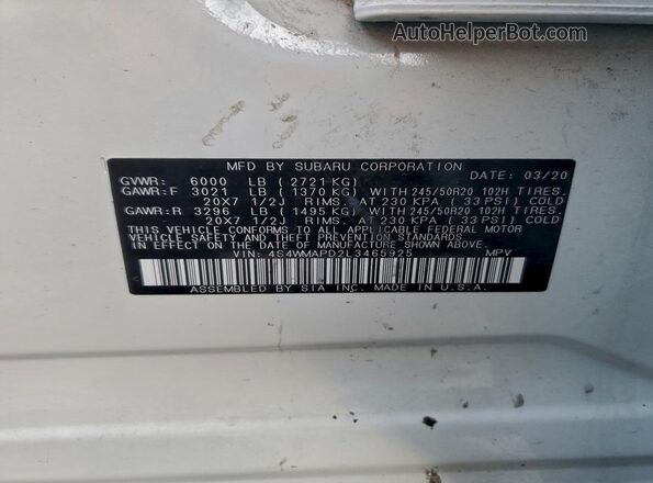 4S4WMAPD2L3465925 2020 SUBARU ASCENT Белый Панорамный вид салона 360°